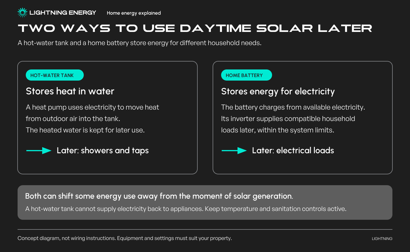 Comparison of a hot-water tank storing heat for taps and a home battery storing energy for later electrical supply.
