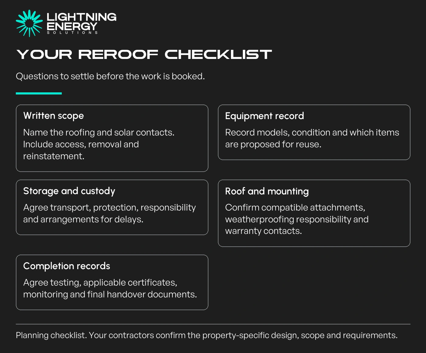 Homeowner reroof checklist covering scope, storage responsibility, mounting compatibility, warranties and completion records.