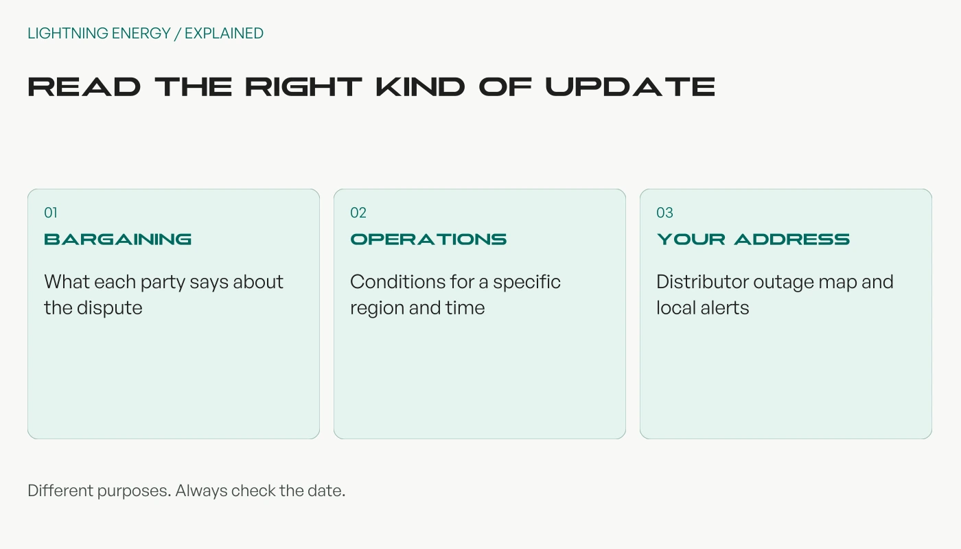 Three different kinds of information: bargaining claims, operational notices and address-specific outage updates.