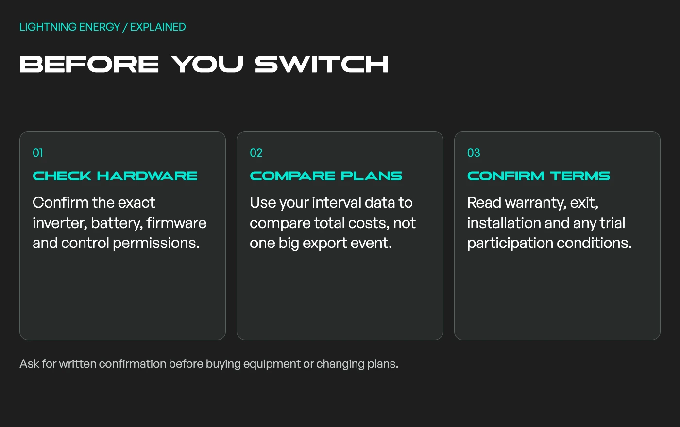 Before switching: check exact hardware, compare full plans using interval data, and confirm written terms.