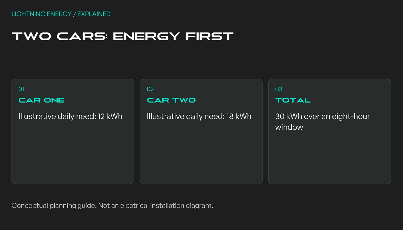 Two cars: energy first: Car one: Illustrative daily need: 12 kWh; Car two: Illustrative daily need: 18 kWh; Total: 30 kWh over an eight-hour window