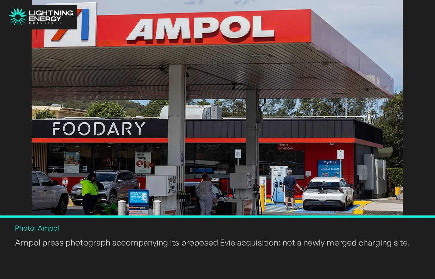 Ampol press photograph accompanying its proposed Evie acquisition; not a newly merged charging site.