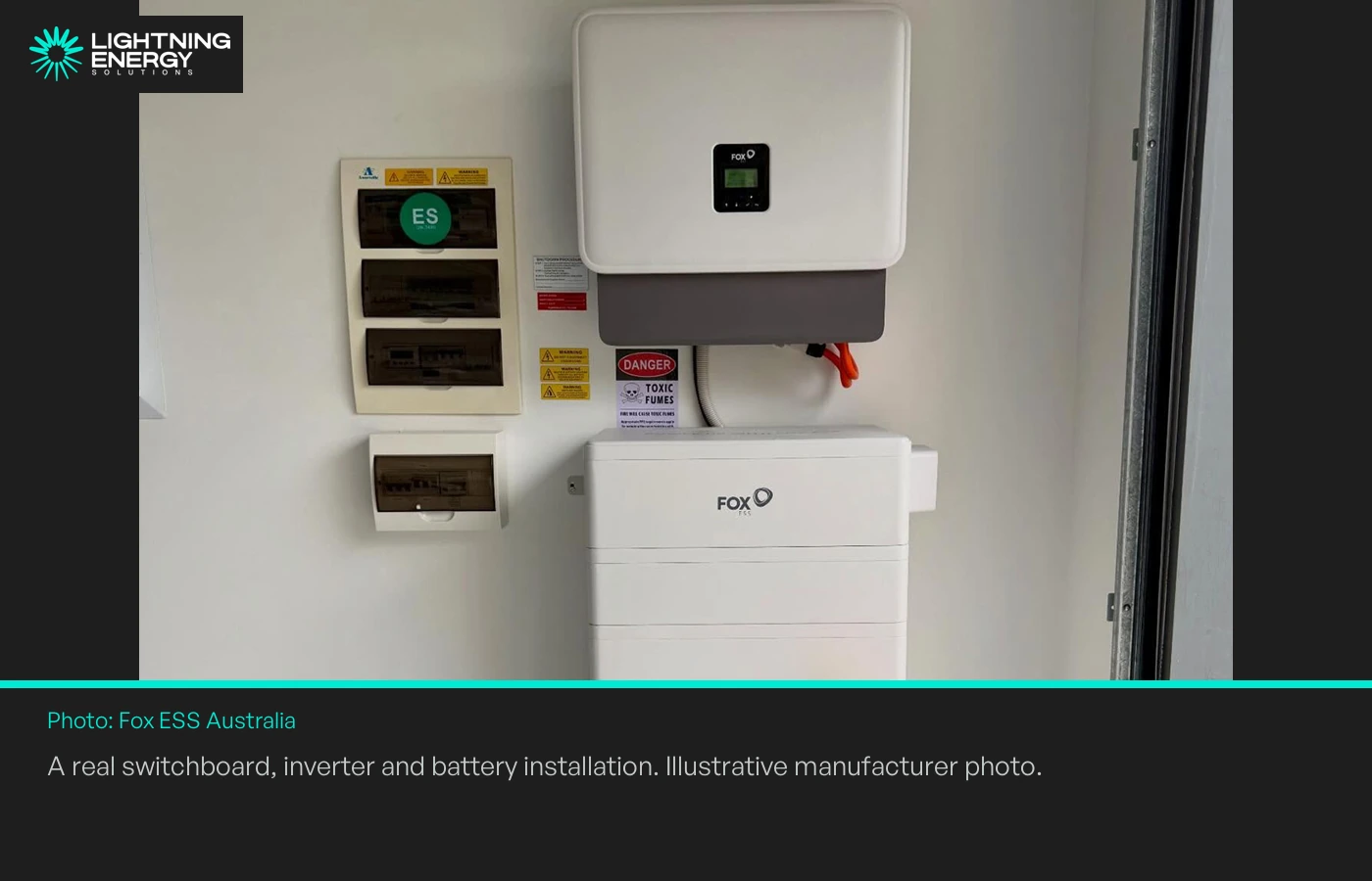 A real switchboard, inverter and battery installation. Illustrative manufacturer photo.