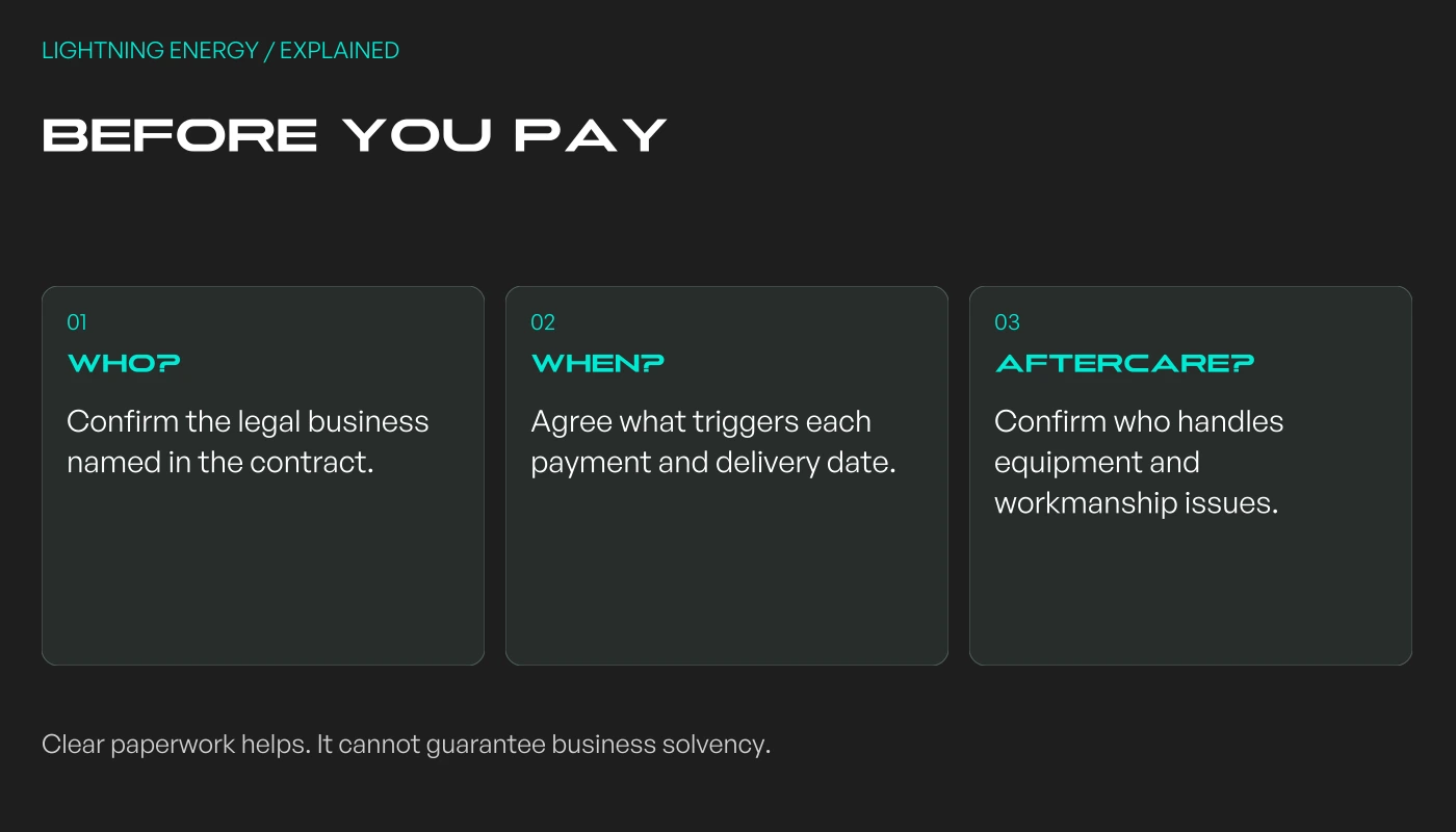 Before paying: identify the contracting company, agree payment milestones, and confirm aftercare responsibilities.