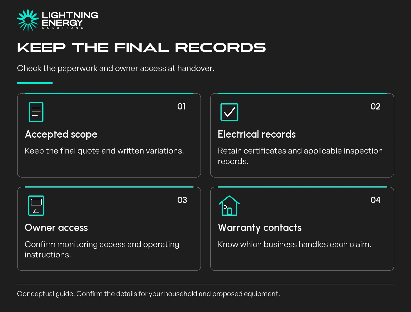 Keep the final records. Check the paperwork and owner access at handover.