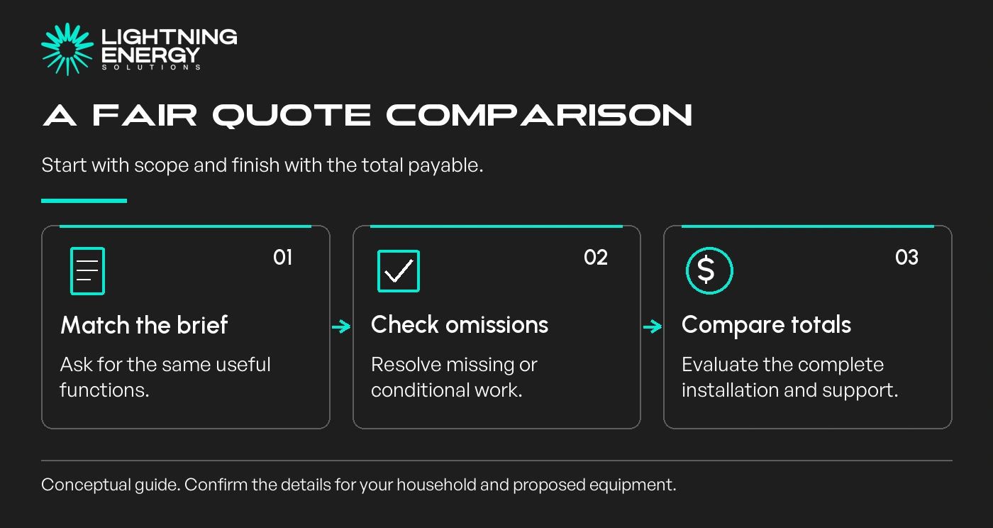 A fair quote comparison. Start with scope and finish with the total payable.