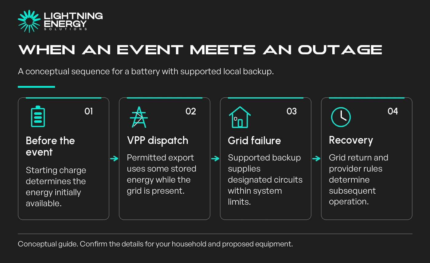 When an event meets an outage. A conceptual sequence for a battery with supported local backup.