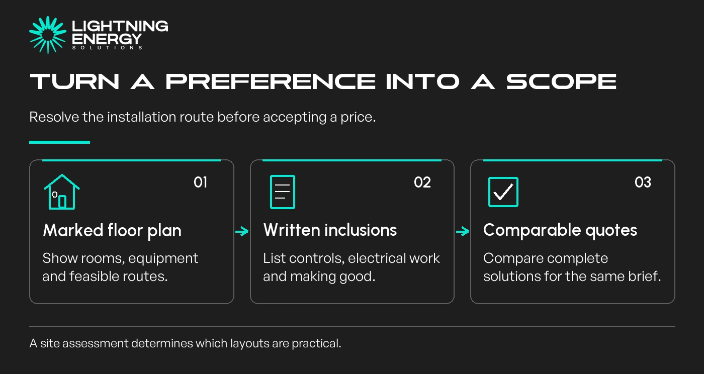 Turn a preference into a scope. Marked floor plan: Show rooms, equipment and feasible routes.; Written inclusions: List controls, electrical work and making good.; Comparable quotes: Compare complete solutions for the same brief.