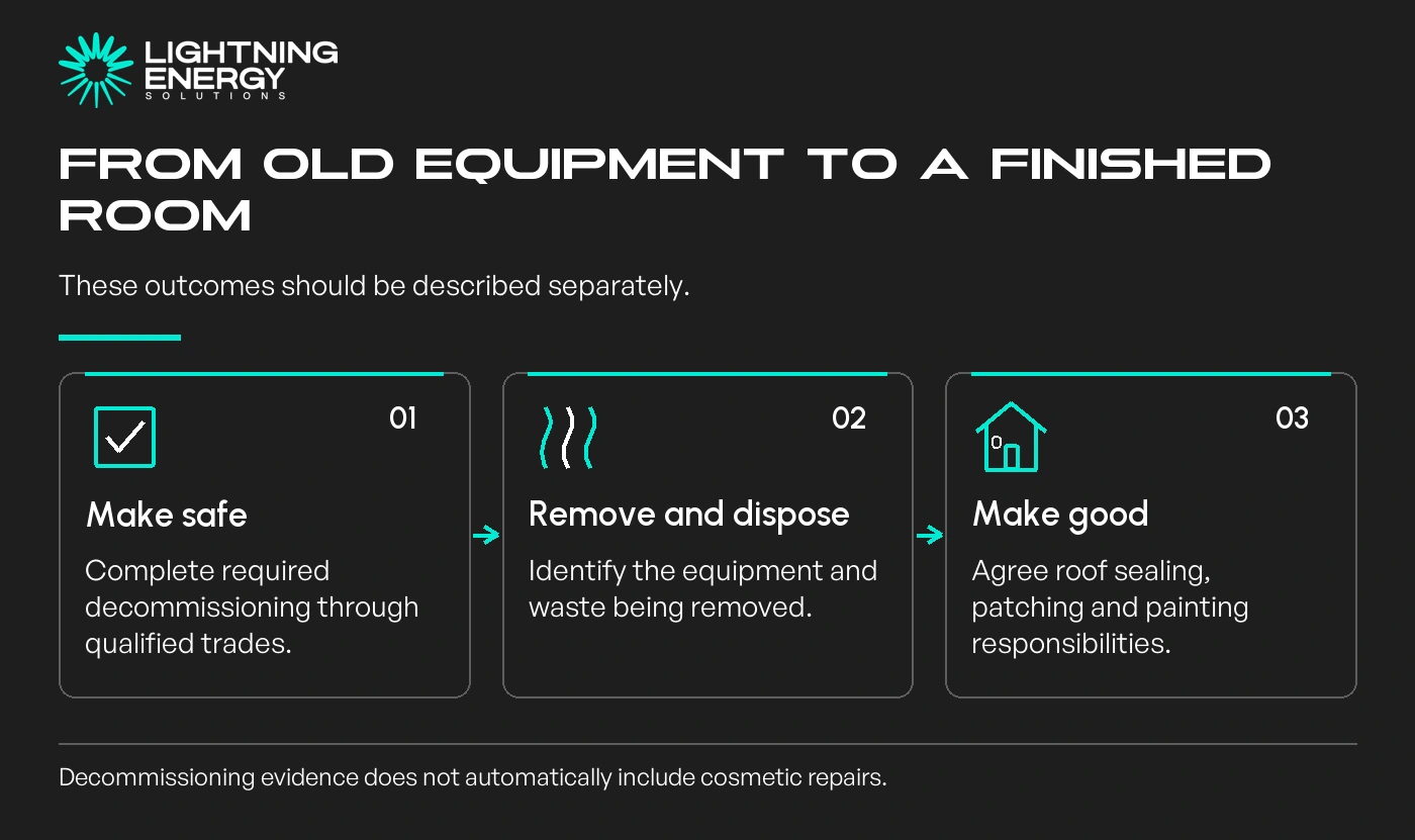 From old equipment to a finished room. Make safe: Complete required decommissioning through qualified trades.; Remove and dispose: Identify the equipment and waste being removed.; Make good: Agree roof sealing, patching and painting responsibilities.