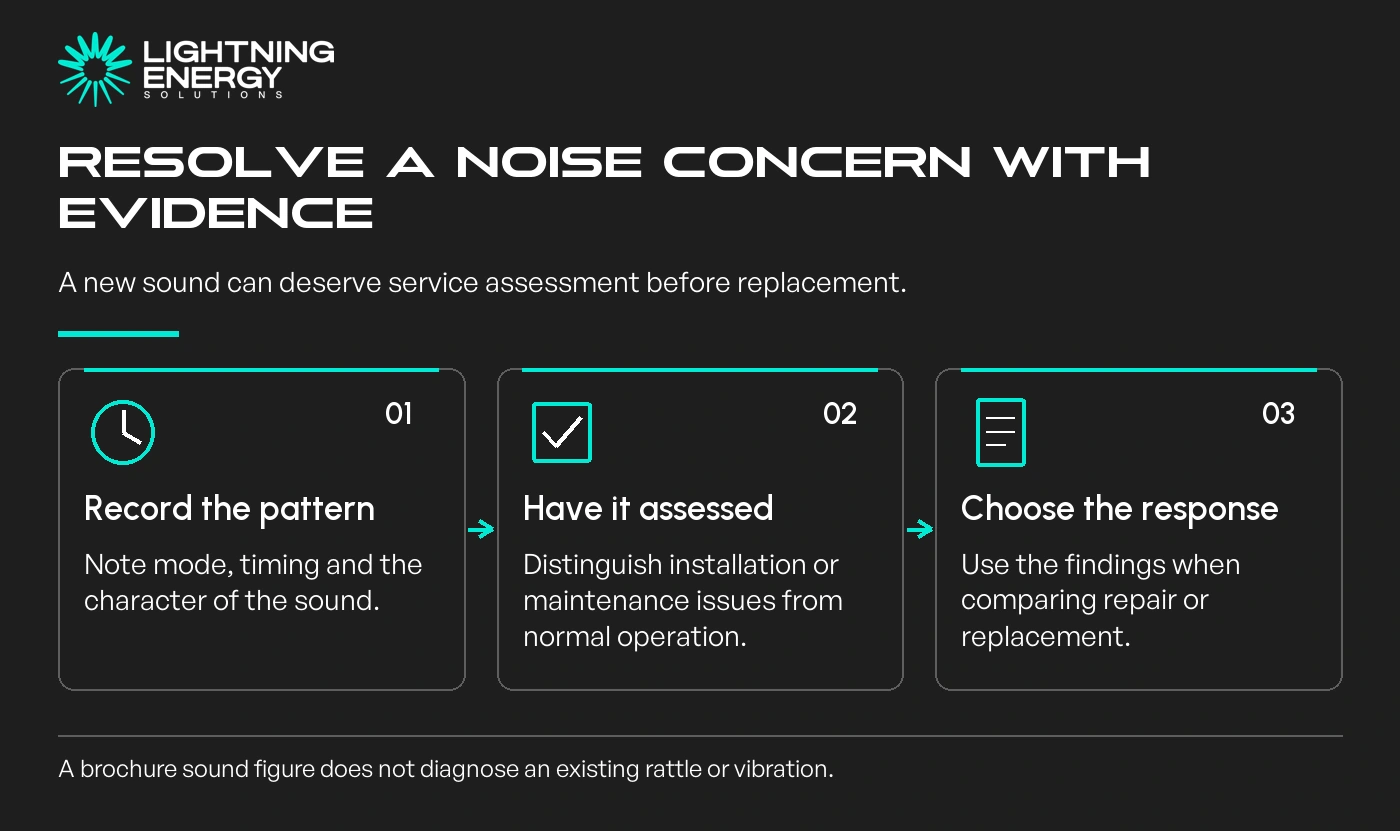 Resolve a noise concern with evidence. Record the pattern: Note mode, timing and the character of the sound.; Have it assessed: Distinguish installation or maintenance issues from normal operation.; Choose the response: Use the findings when comparing repair or replacement.