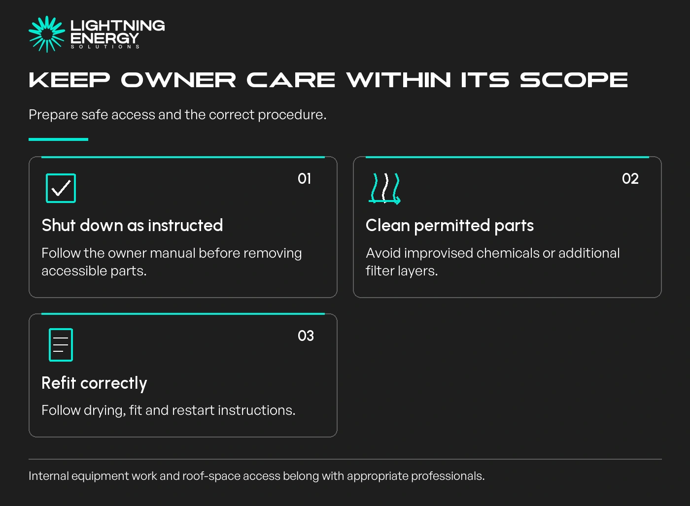 Keep owner care within its scope. Shut down as instructed: Follow the owner manual before removing accessible parts.; Clean permitted parts: Avoid improvised chemicals or additional filter layers.; Refit correctly: Follow drying, fit and restart instructions.