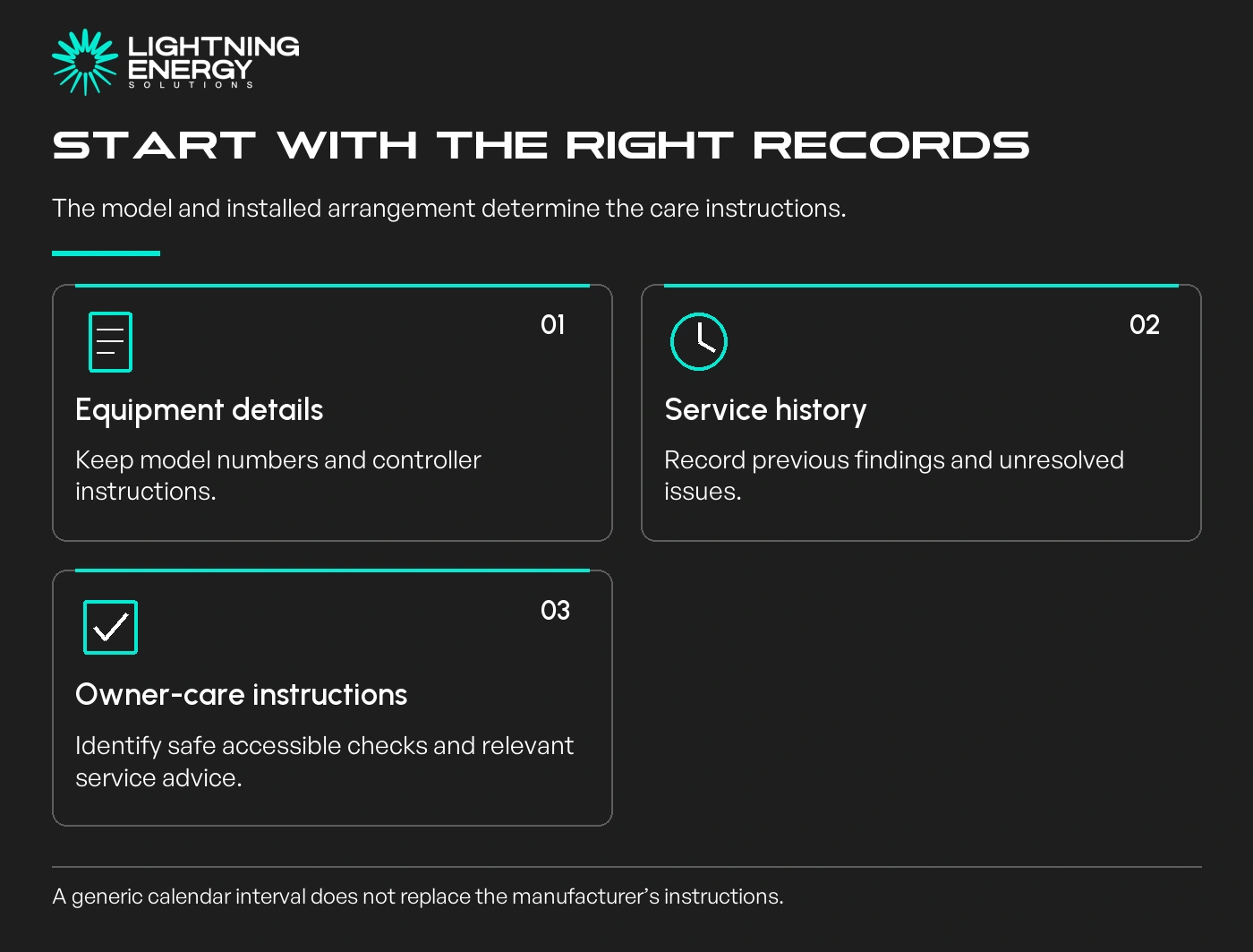 Start with the right records. Equipment details: Keep model numbers and controller instructions.; Service history: Record previous findings and unresolved issues.; Owner-care instructions: Identify safe accessible checks and relevant service advice.