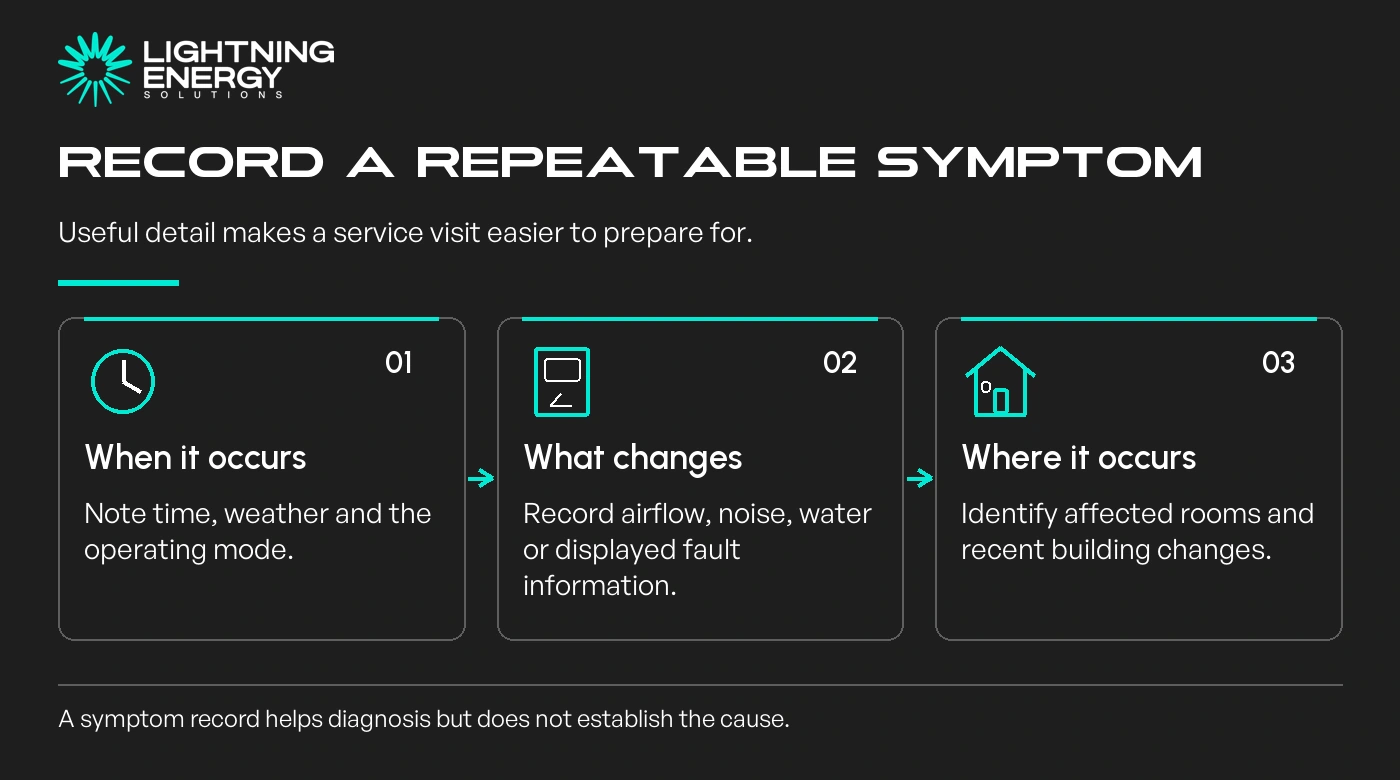 Record a repeatable symptom. When it occurs: Note time, weather and the operating mode.; What changes: Record airflow, noise, water or displayed fault information.; Where it occurs: Identify affected rooms and recent building changes.