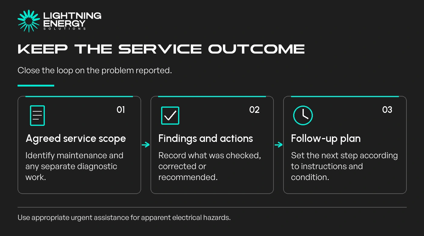 Keep the service outcome. Agreed service scope: Identify maintenance and any separate diagnostic work.; Findings and actions: Record what was checked, corrected or recommended.; Follow-up plan: Set the next step according to instructions and condition.