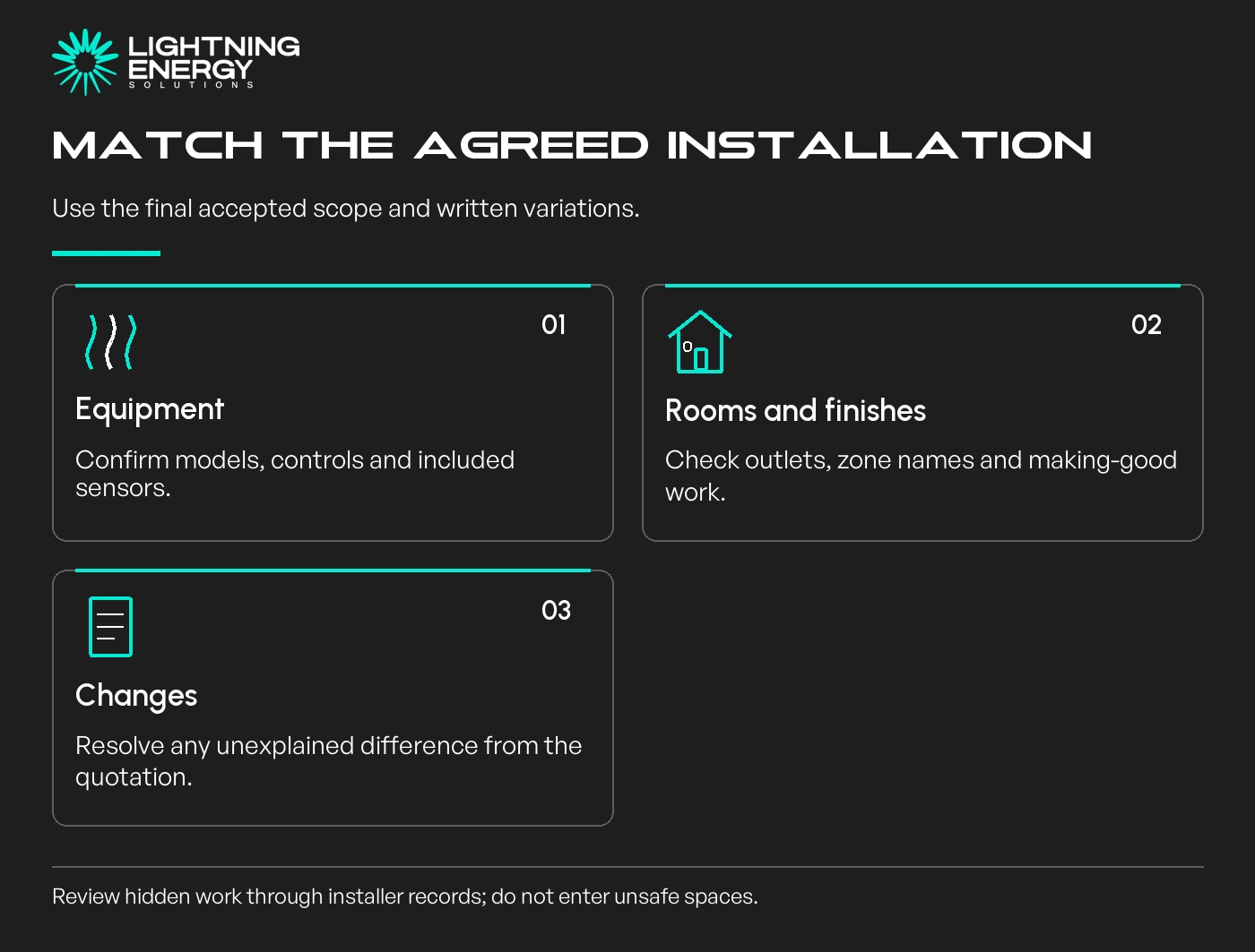 Match the agreed installation. Equipment: Confirm models, controls and included sensors.; Rooms and finishes: Check outlets, zone names and making-good work.; Changes: Resolve any unexplained difference from the quotation.