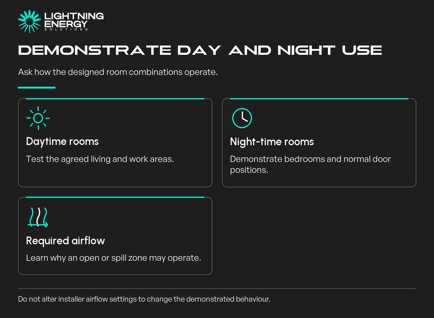 Demonstrate day and night use. Daytime rooms: Test the agreed living and work areas.; Night-time rooms: Demonstrate bedrooms and normal door positions.; Required airflow: Learn why an open or spill zone may operate.