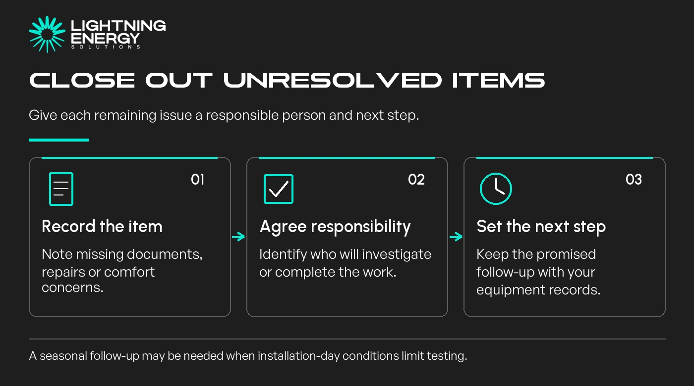 Close out unresolved items. Record the item: Note missing documents, repairs or comfort concerns.; Agree responsibility: Identify who will investigate or complete the work.; Set the next step: Keep the promised follow-up with your equipment records.