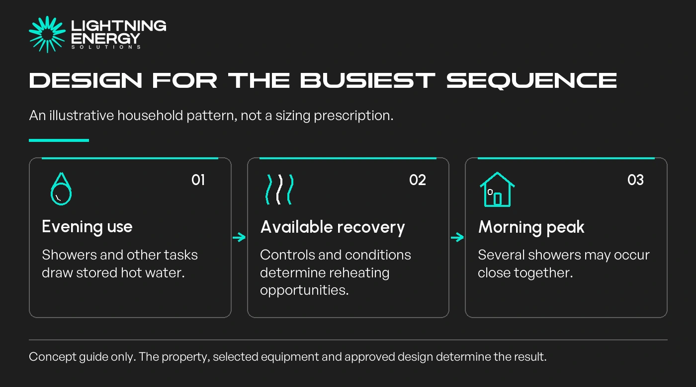 Design for the busiest sequence. An illustrative household pattern, not a sizing prescription.