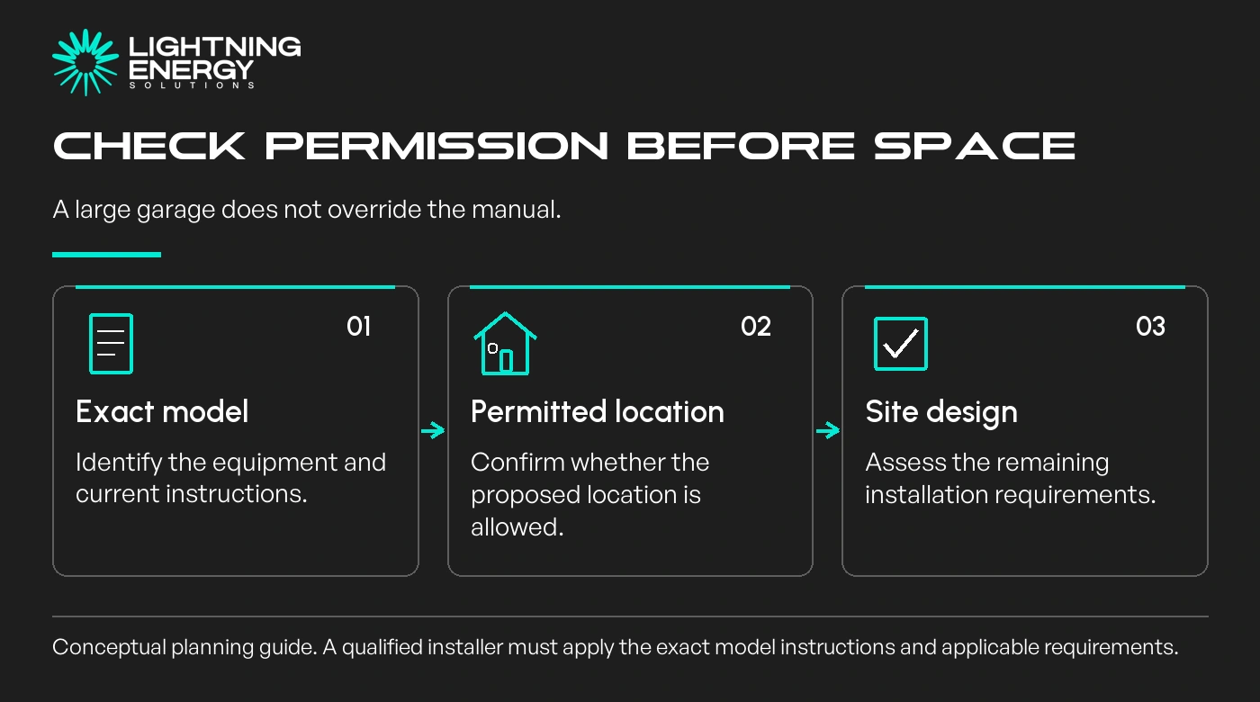 Check permission before space. A large garage does not override the manual.
