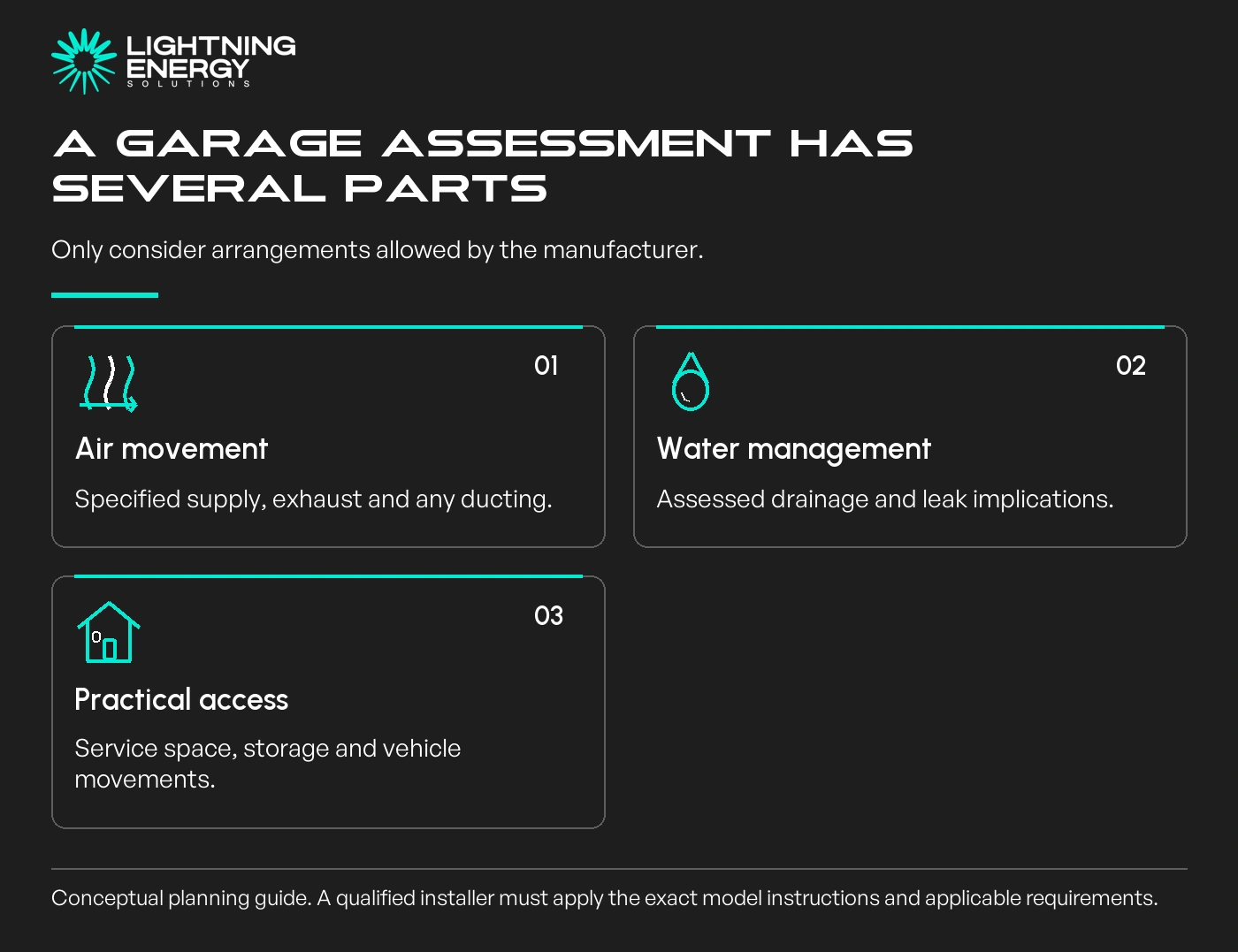 A garage assessment has several parts. Only consider arrangements allowed by the manufacturer.