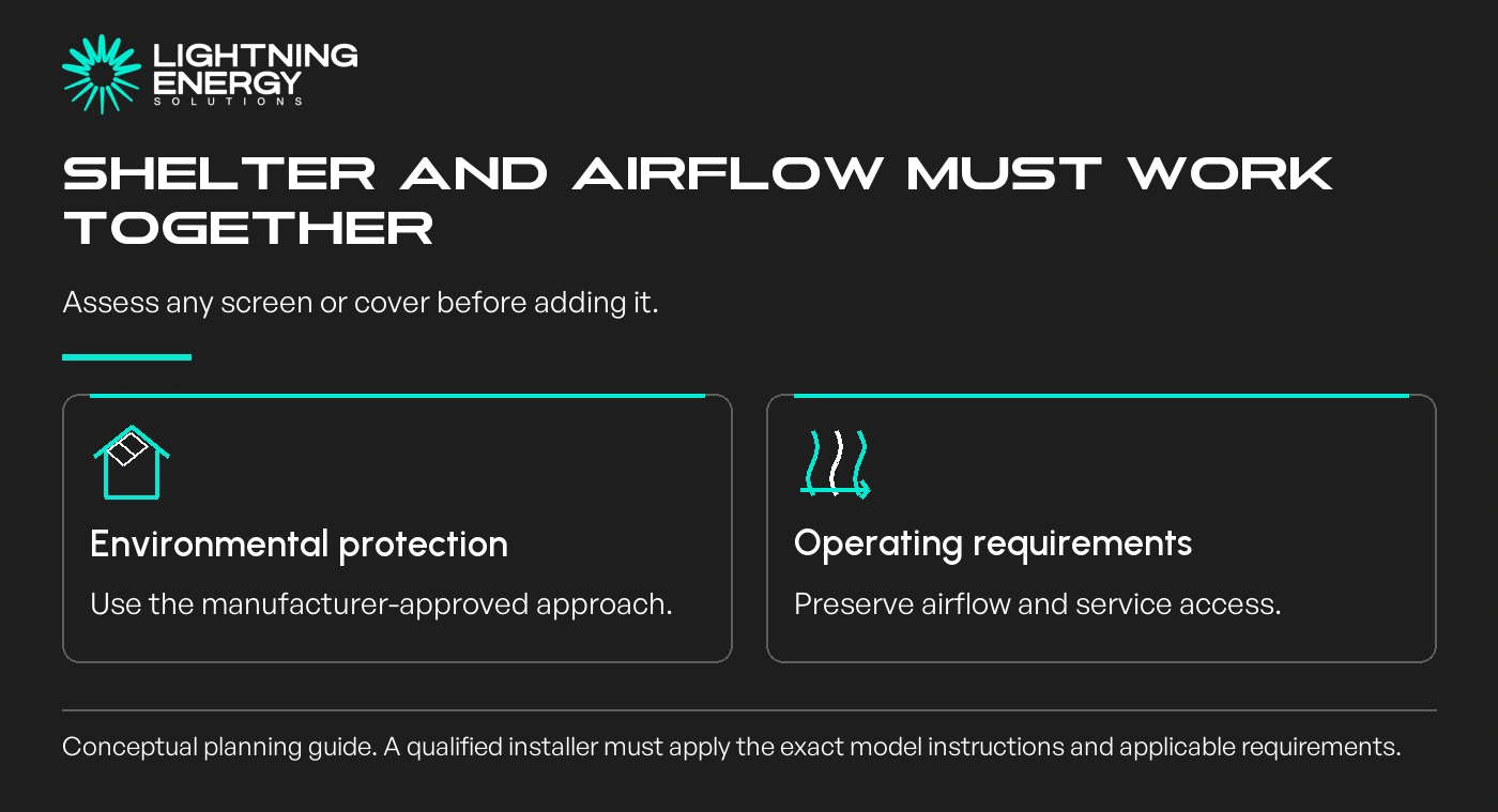 Shelter and airflow must work together. Assess any screen or cover before adding it.