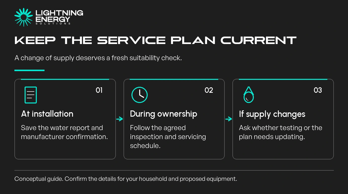 Keep the service plan current. A change of supply deserves a fresh suitability check.