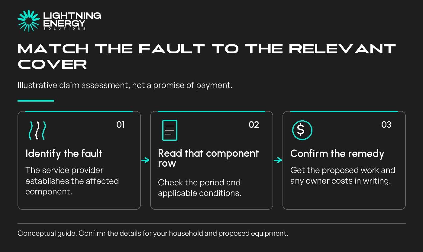 Match the fault to the relevant cover. Illustrative claim assessment, not a promise of payment.