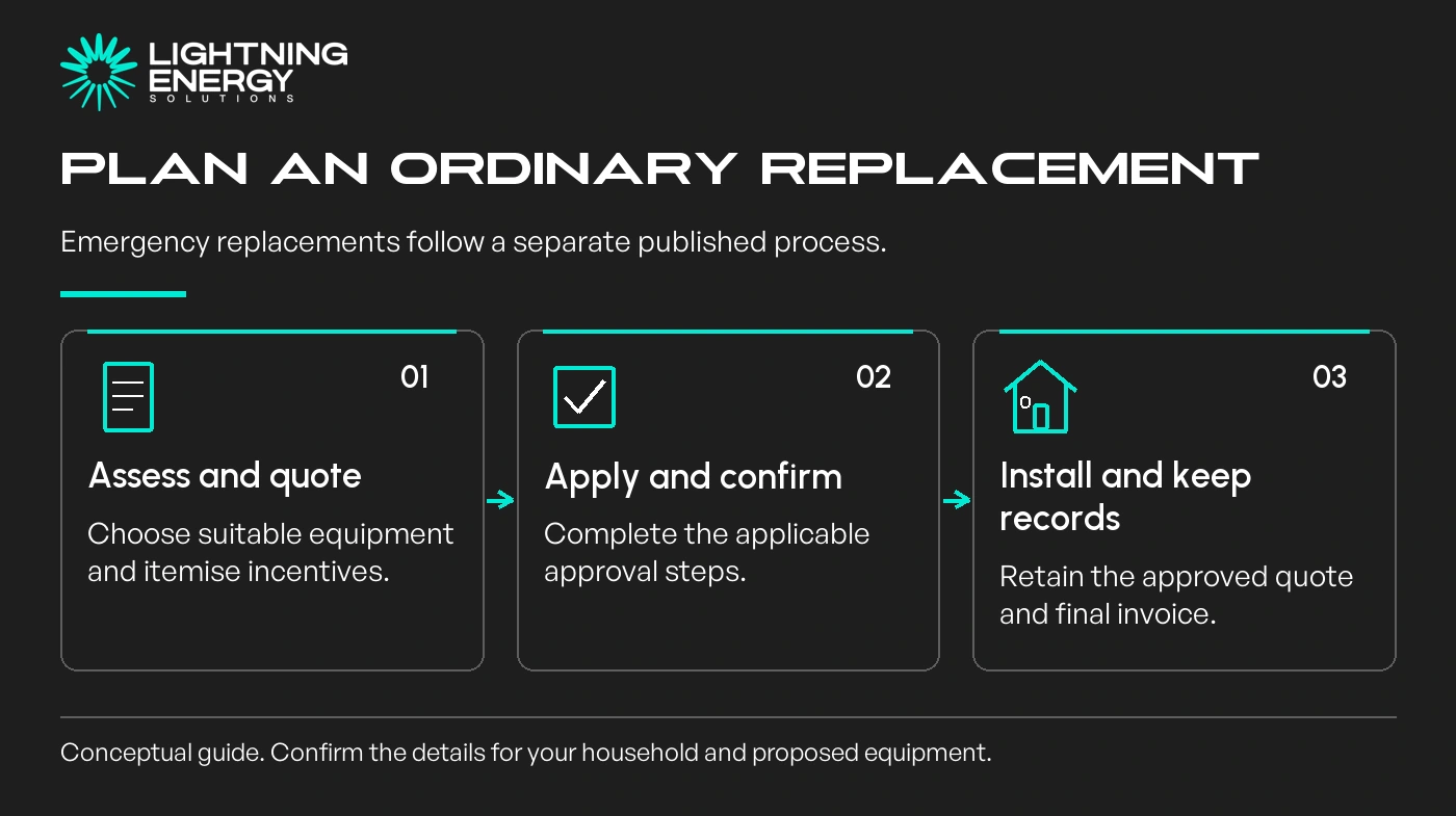 Plan an ordinary replacement. Emergency replacements follow a separate published process.