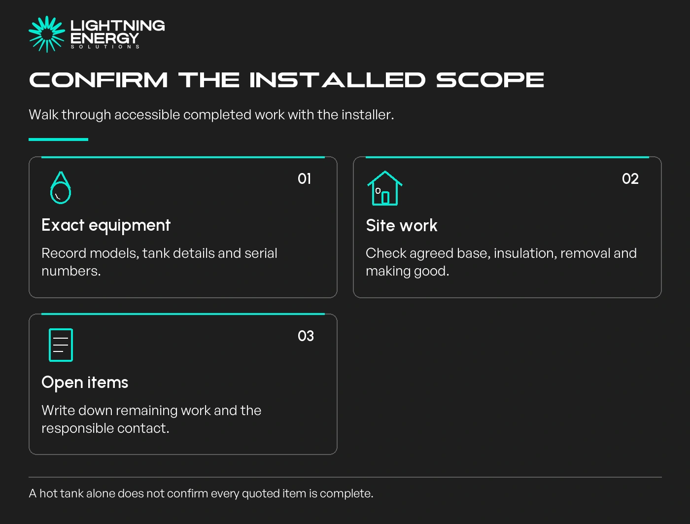 Confirm the installed scope. Exact equipment: Record models, tank details and serial numbers.; Site work: Check agreed base, insulation, removal and making good.; Open items: Write down remaining work and the responsible contact.