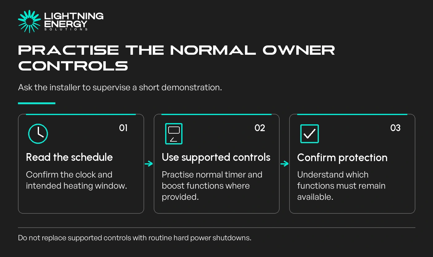 Practise the normal owner controls. Read the schedule: Confirm the clock and intended heating window.; Use supported controls: Practise normal timer and boost functions where provided.; Confirm protection: Understand which functions must remain available.
