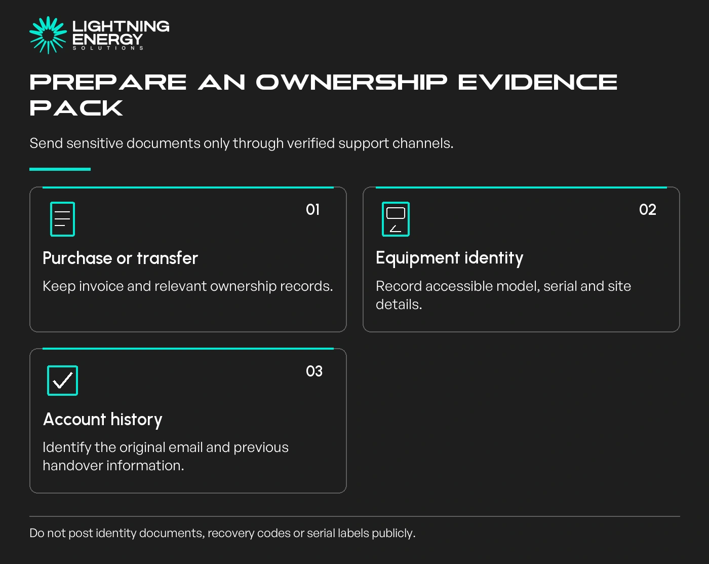 Prepare an ownership evidence pack. Purchase or transfer: Keep invoice and relevant ownership records.; Equipment identity: Record accessible model, serial and site details.; Account history: Identify the original email and previous handover information.