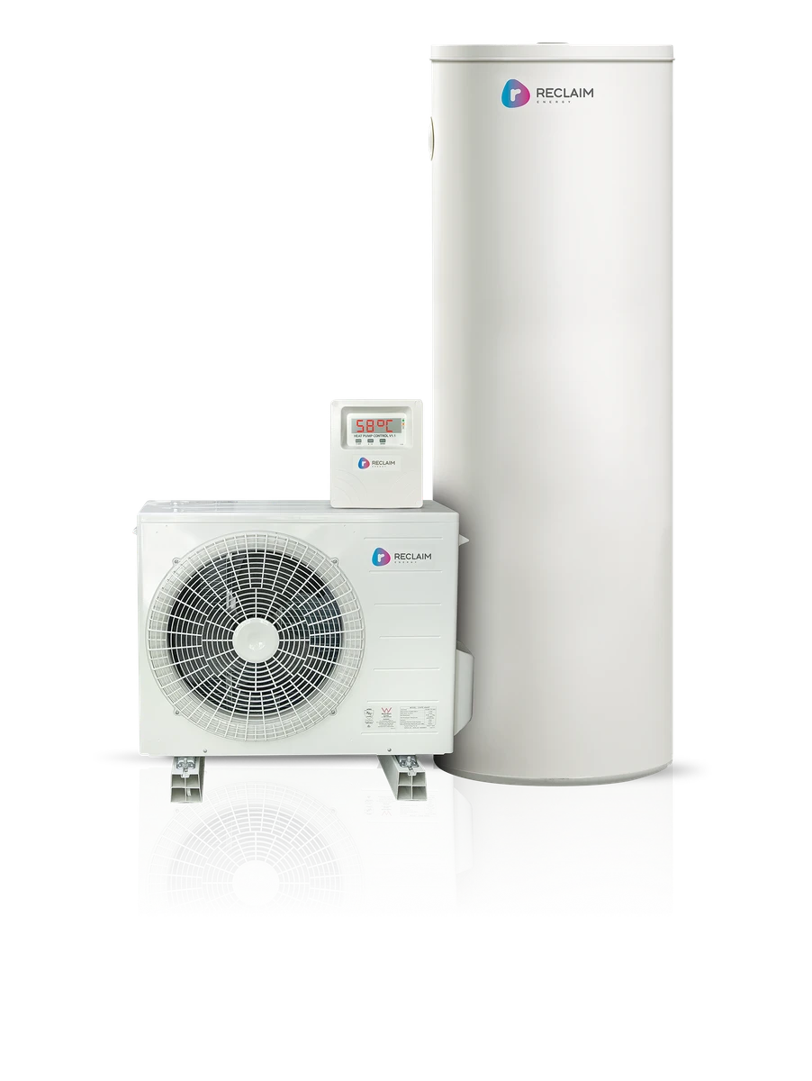 Reclaim CO₂ split heat pump, controller and storage tank — manufacturer product image.