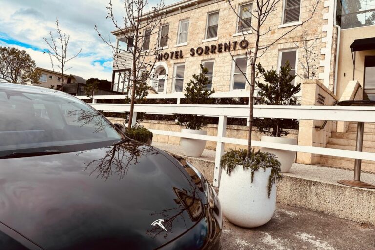 tesla ev rental outside hotel sorrento melbourne