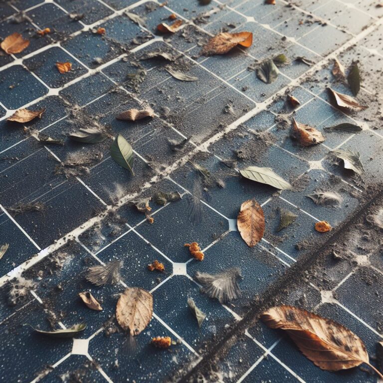 Close up of dirty solar panels with leaves and dust covering them