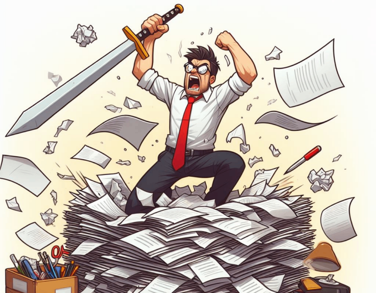 illustration of man attacking his bills with a big sword! uWu