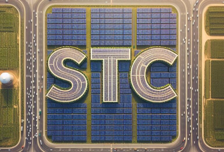 Ariel view of a solar farm with the letters "STC" in the middle