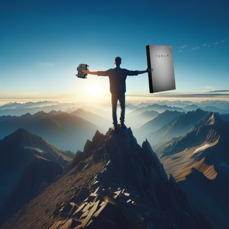 A man standing on a mountain top, holding out an Enphase microinverter and a tesla power wall 2, in each hand