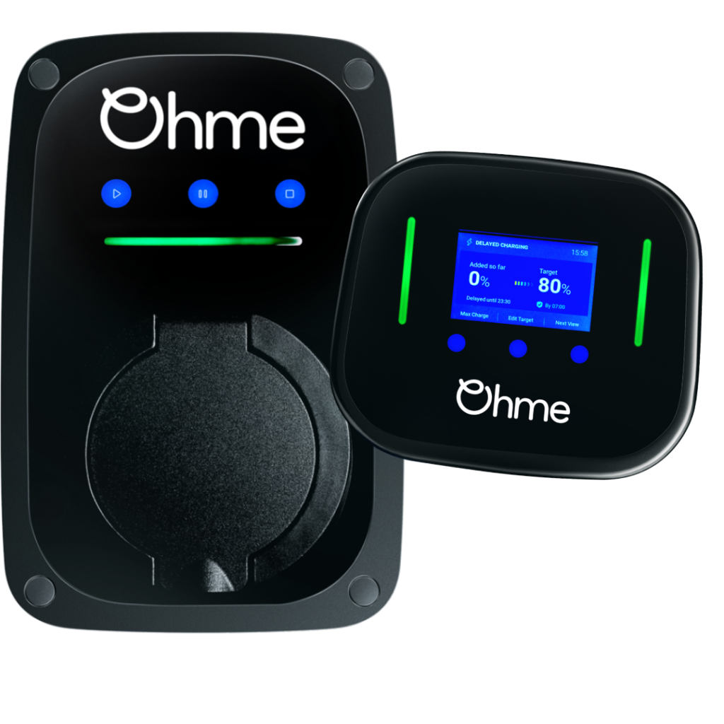 Display Image showing both the Ohme ePod and Ohme Home Pro, Available to install now in Melbourne. The Ohme ePod is a compact and sleek wall mount EV charger, rectangular in shape, all black in colour but has the Ohme Logo In white up the top, 3 function buttons below in blue, a green status LED strip and the charging cable inlet, covered with a black plastic lid. The Ohmer Home Pro is also a sleek design in all black but feature a colour LCD screen in the middle, 3 blue buttons below that, 2 status LED strips to the left and right of the screen and the Ohme logo along the bottom of the product.