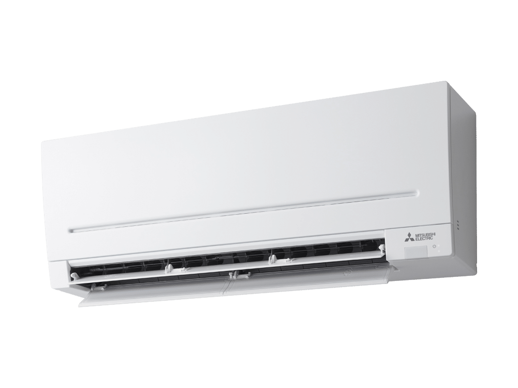 Hero Image of a Mitsubishi Electric Air Con Unit, the unit is shown at a slight angle with the vents open. Lightning Energy is Melbourne Premiere installer of Mitsubishi Air Con in Melbourne
